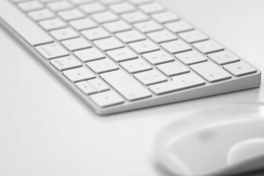 Eine weiß-silberne Tastatur mit weißer Maus im Vorderung auf einem weißen Untergrund.